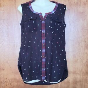 Eddie Bauer Sleeveless Top Sz S Navy Blue Red White Stars Plaid Trim 4th of July